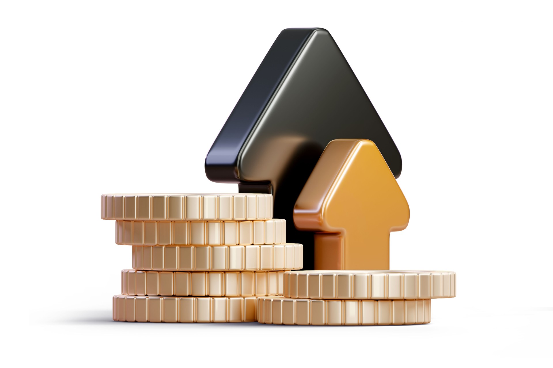 Two arrows up and stack of coins. Interest rates and dividends, investment returns, income, retirement Compensation fund, investment, dividend tax, Fixed Deposit, Savings Account, Stocks, Mutual Funds, economy,